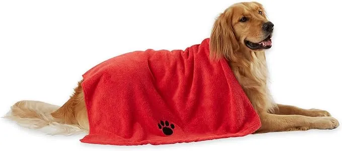 Bone Dry Embroidered Pet Grooming Towel Collection, Absorbent Microfiber X-Large, 41x23.5, Red