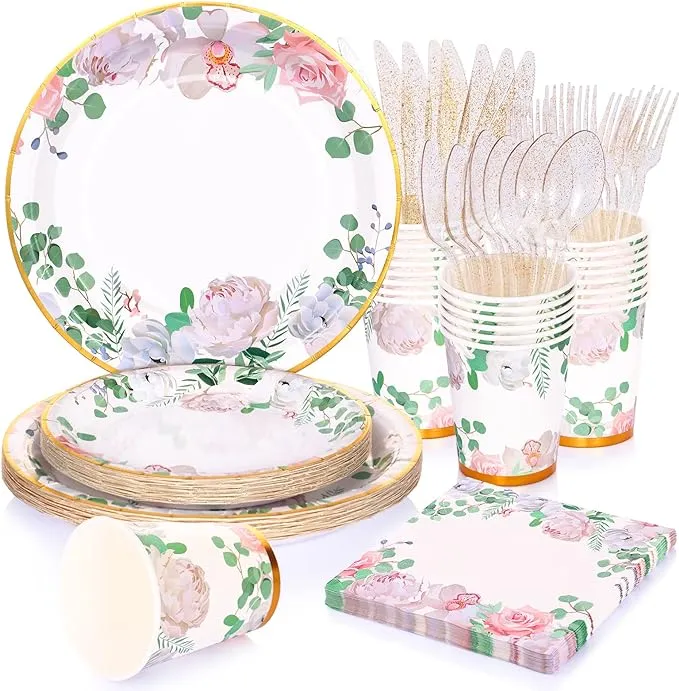 Floral Party Decorations Bridal Shower Plates and Napkins Sets for 24 Guest-Tea Party Themed Decorations,Floral Party Paper Plates,Cups,Nakpins for Baby Shower,Birthday,Wedding Tea Party Supplies