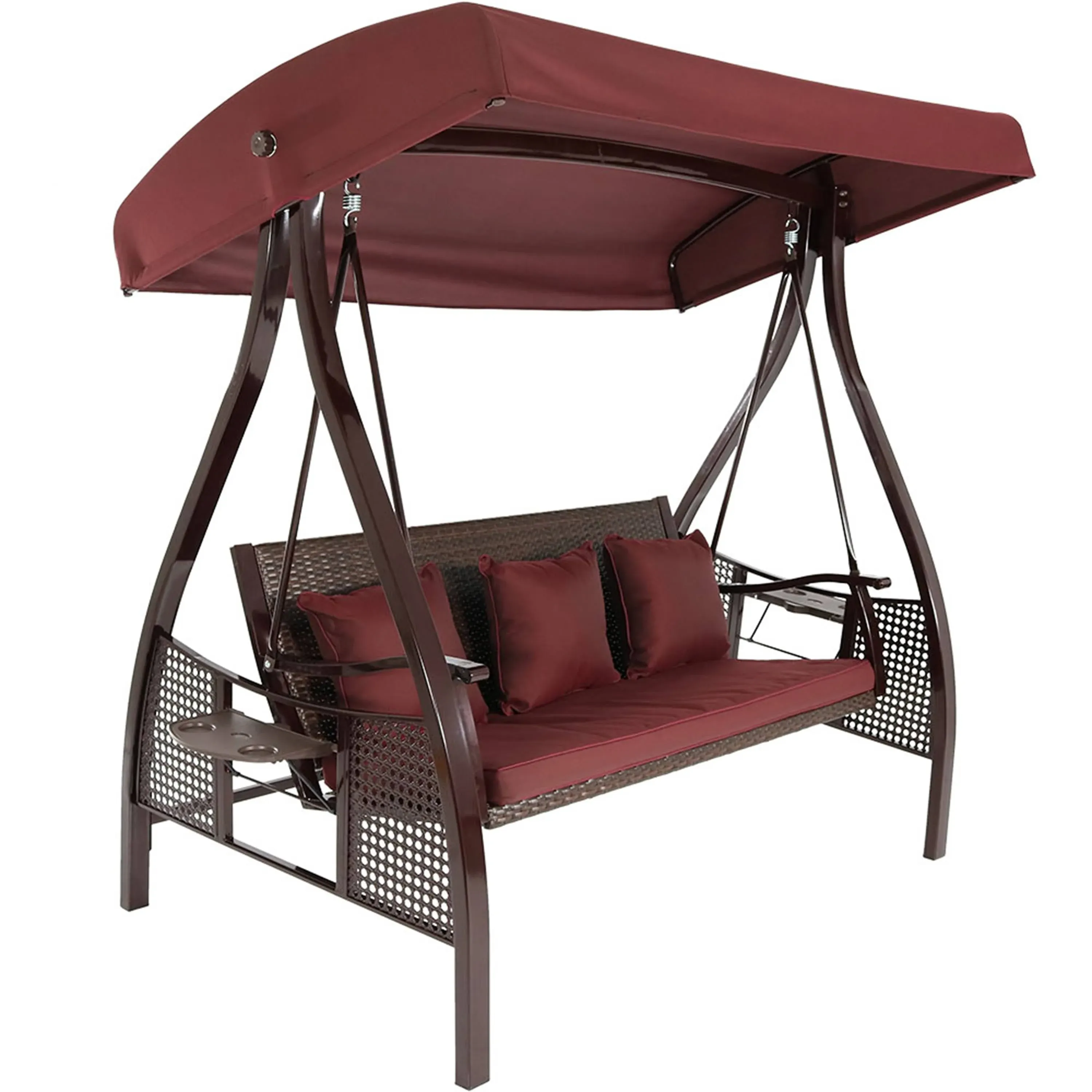 Sunnydaze Deluxe Steel Frame Maroon Cushioned Swing with Canopy and Side Tables