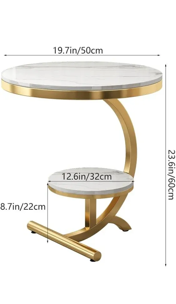 Side Table, Round End Table with Storage Shelves for Living Room, Bedroom, Nightstand with Steel Frame for Small Spaces, Accent Coffee Table, White and Gold