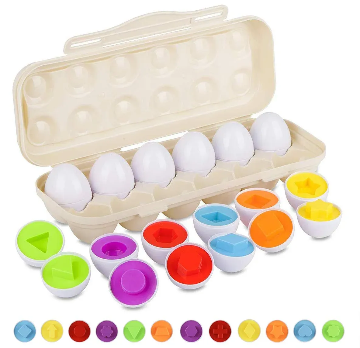 Matching Eggs Set with Beige Eggs Holder, Upgraded Toddler Egg Toys Learning Shapes and Colors Educational Puzzle Sorting Games Improve Motor Skills for Kids Easter Gift, 12 Eggs