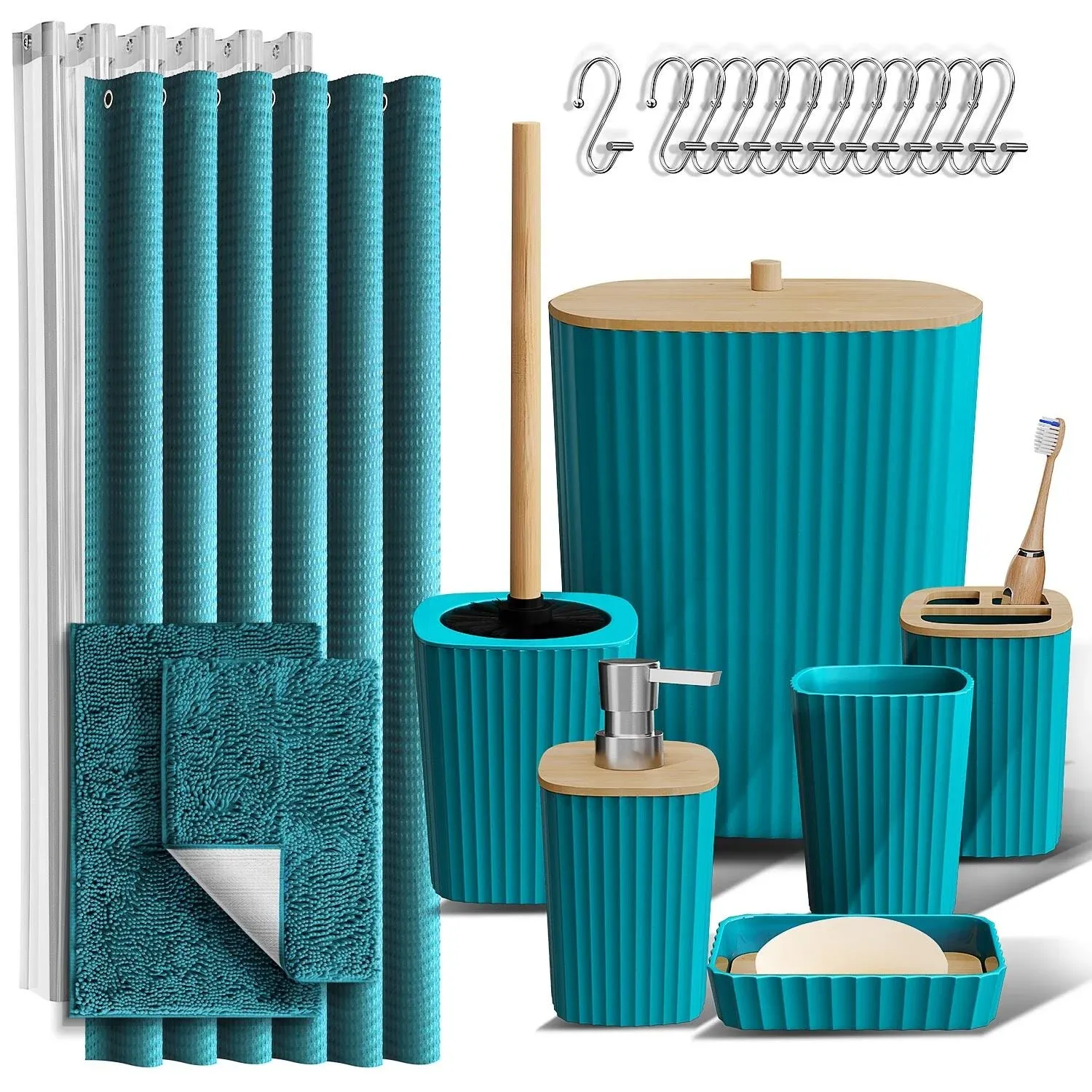 Clara Clark Bamboo Bathroom Accessories Set with Shower Curtain Set, Toilet Brush, Trash Can & Soap Dispenser - Complete Set + Bath Rugs - Teal