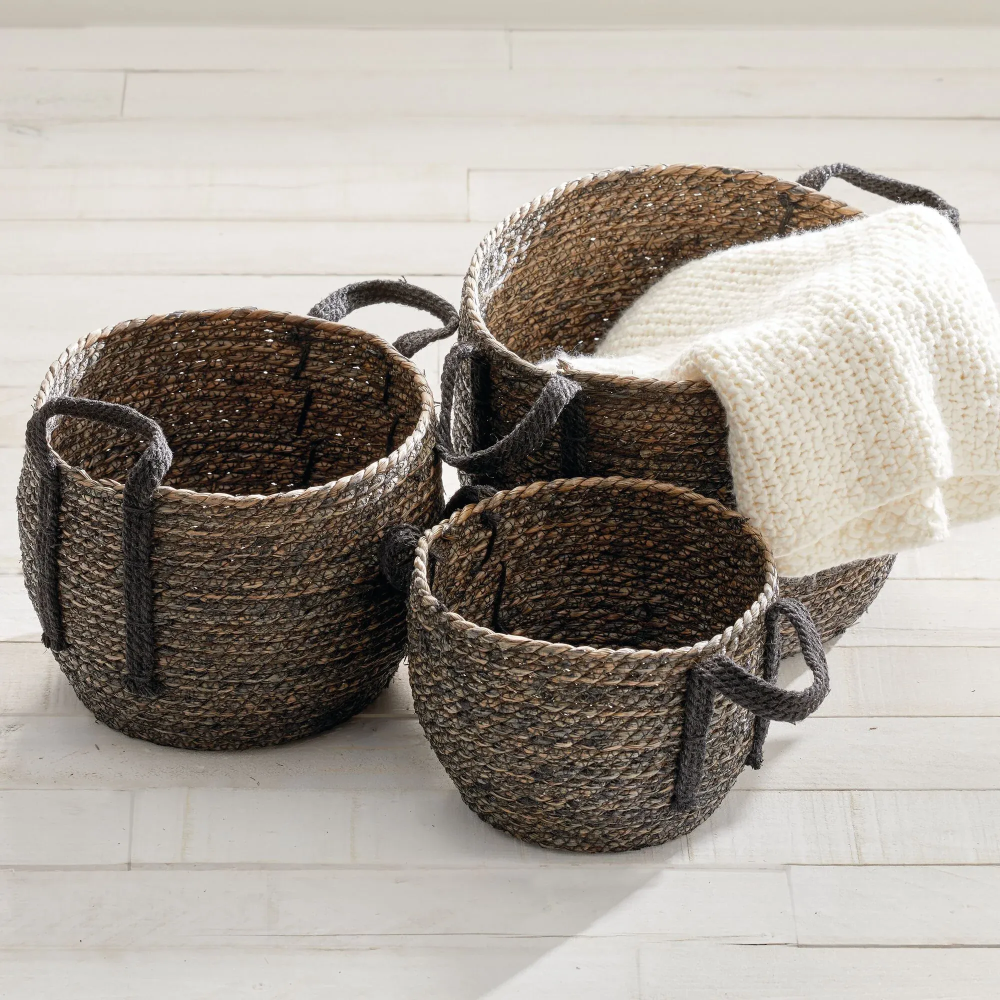 mDesign Woven Seagrass Braided Home Storage Basket Bin Set in 3 Sizes - Natural