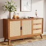 Bme Rattan Pre-Assembled Buffet Sideboard with 3 Drawers & 2 Doors, 58" Accent Console Table Living Room, Kitchen, Dining, Dark Chocolate, Jasper Storage Cabinet