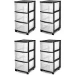 Sterilite 3-Drawer Storage Cart, Clear with Black Frame (4-Pack)