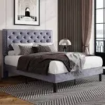 Queen Bed Frame, Velvet Upholstered Platform Bed with Adjustable Diamond Button 