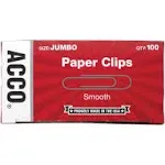 ACCO 72580 Smooth Economy Paper Clip, Steel Wire, Jumbo, Silver, 100/Box, 10 Boxes/Pack (Office Supplies)