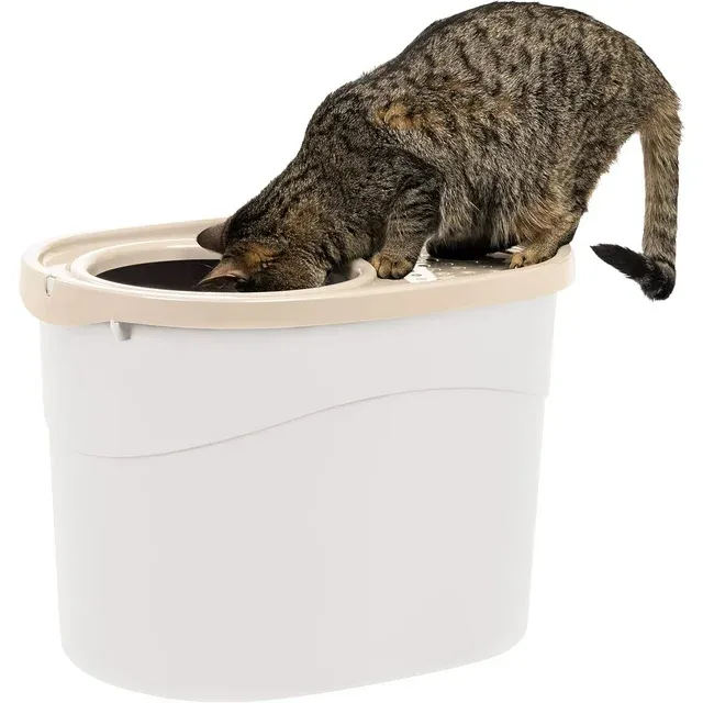 Iris USA Top Entry Cat Litter Box with Scoop, White/Beige