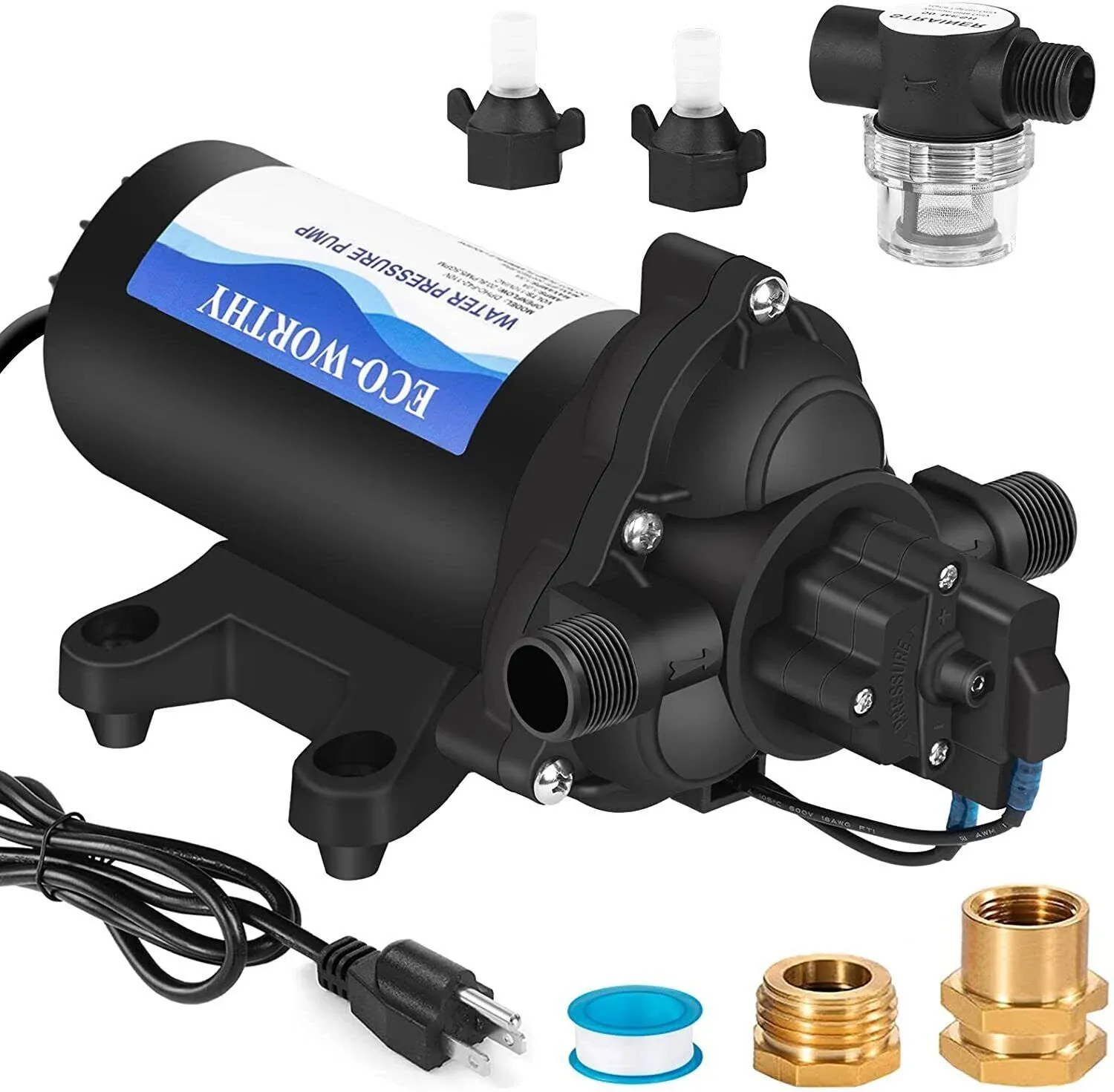 ECO-WORTHY 33-Series Industrial Water Pressure Pump 110V AC 4.0GPM 50PSI RV Fresh Water Diaphragm Pump include Garden Hose Adapters for Irrigation Marine Boat Sprinkler Faucet