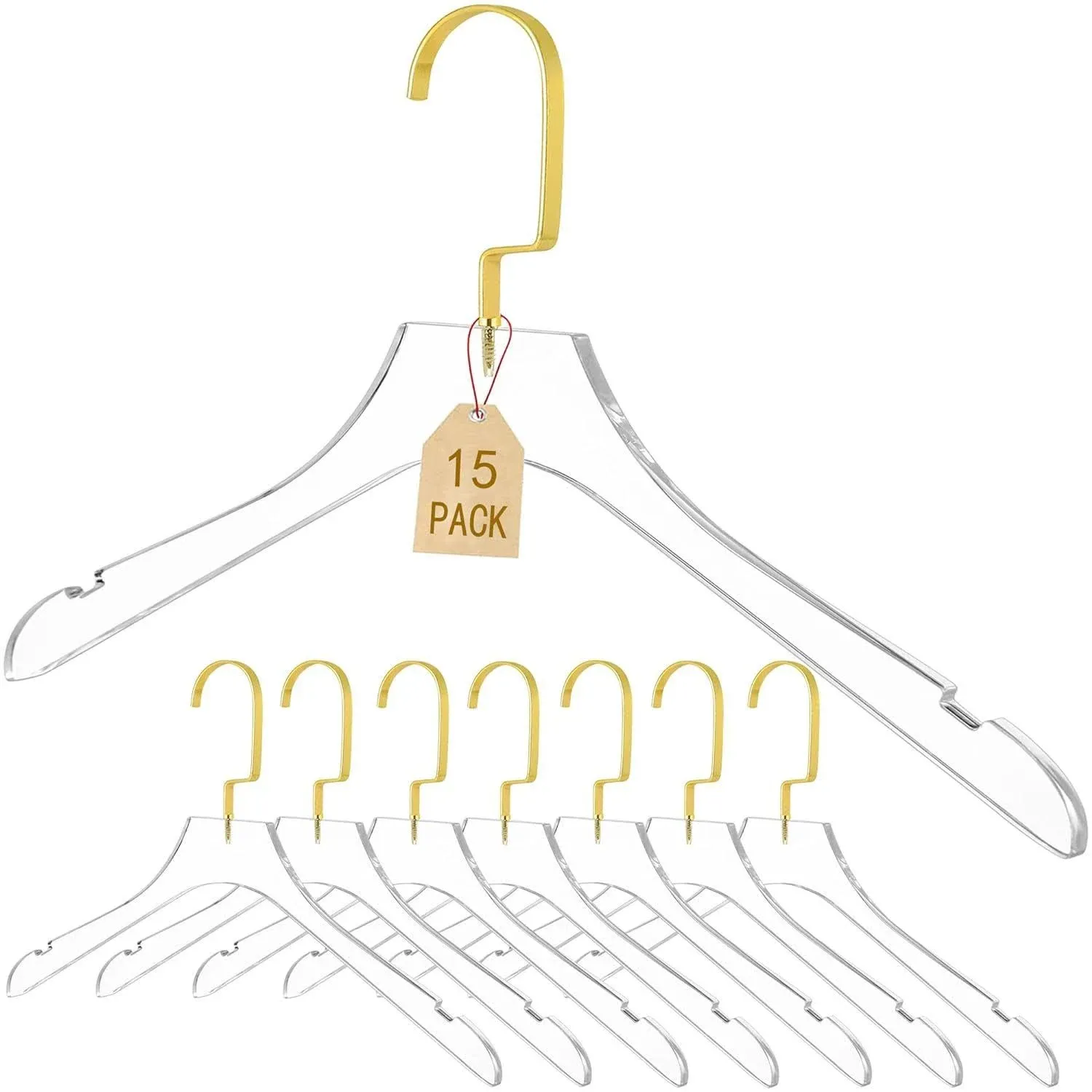 Besser Acrylic Clear Hangers 15 Pack Gold Acrylic Hangers Premium Quality Crystal Clear Hangers with Gold Hooks Luxury Dress Suit Hangers（Gold Hook）