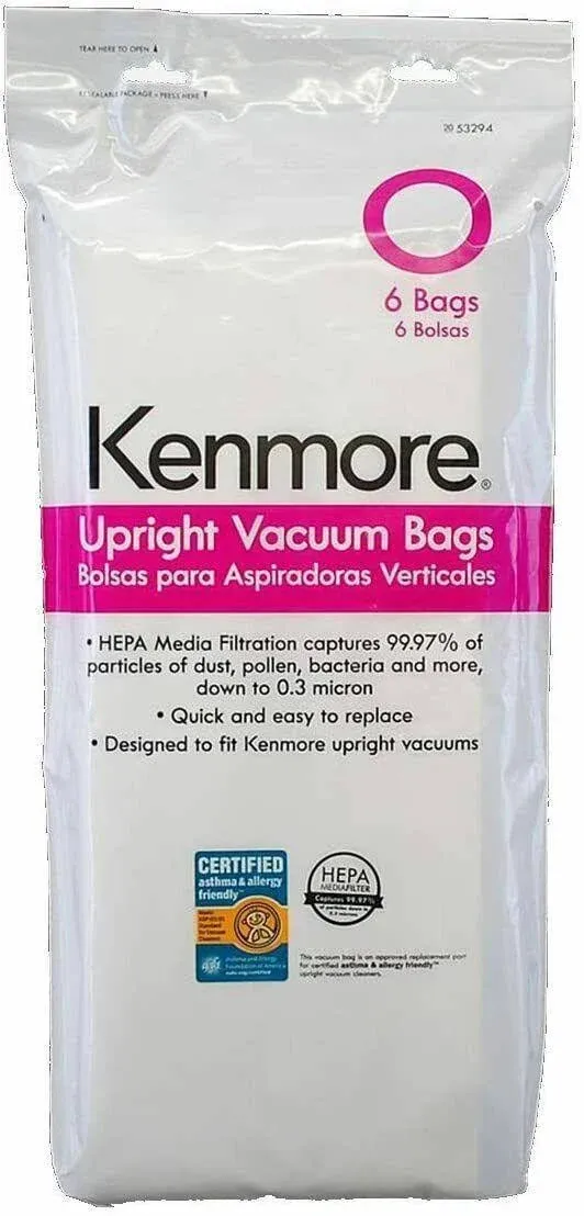 Kenmore 53294 Style O HEPA Cloth Vacuum Bags for Kenmore Upright Vacuum Cleaners 6 Pack,White