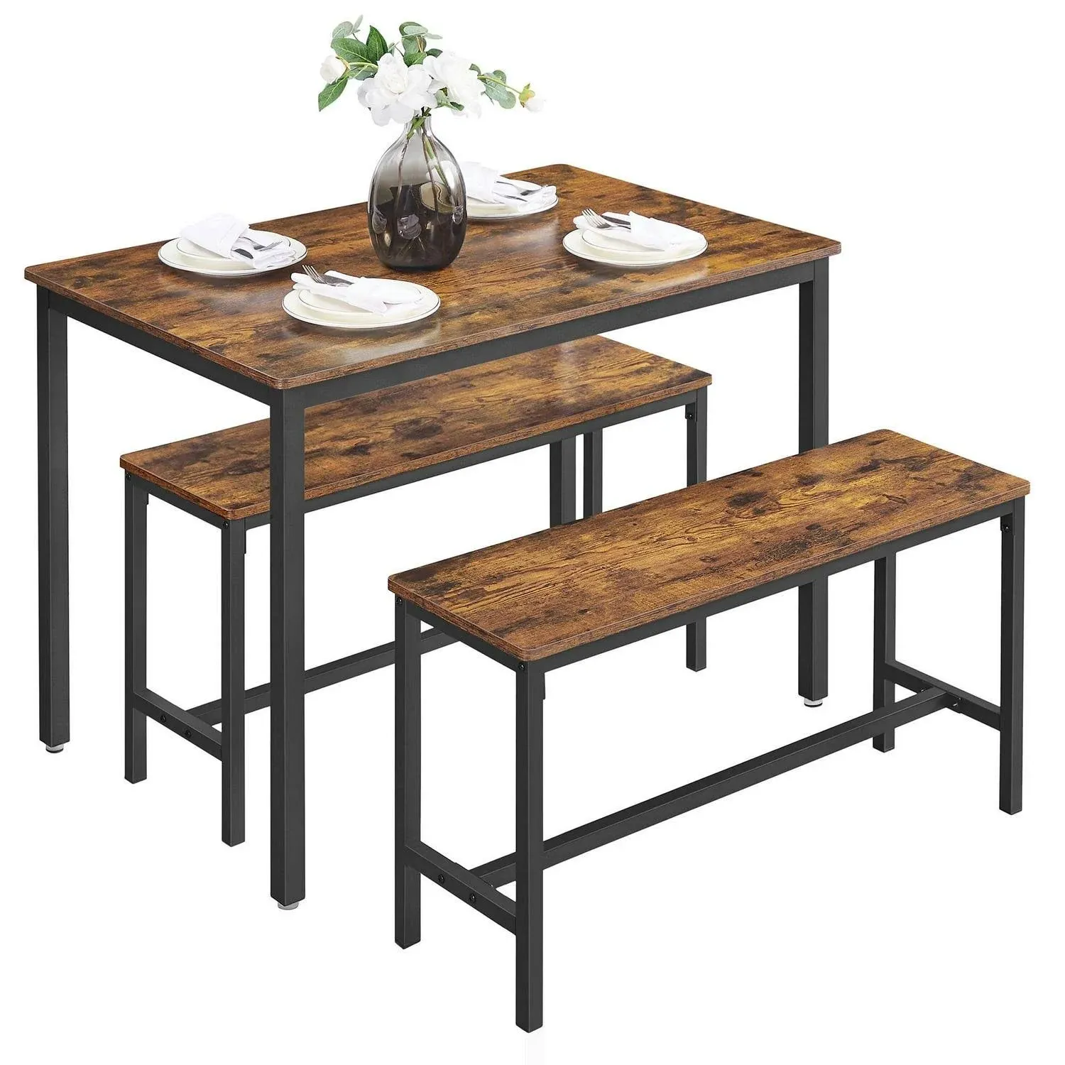 VASAGLE Dining Table with 2 Benches Rustic Brown