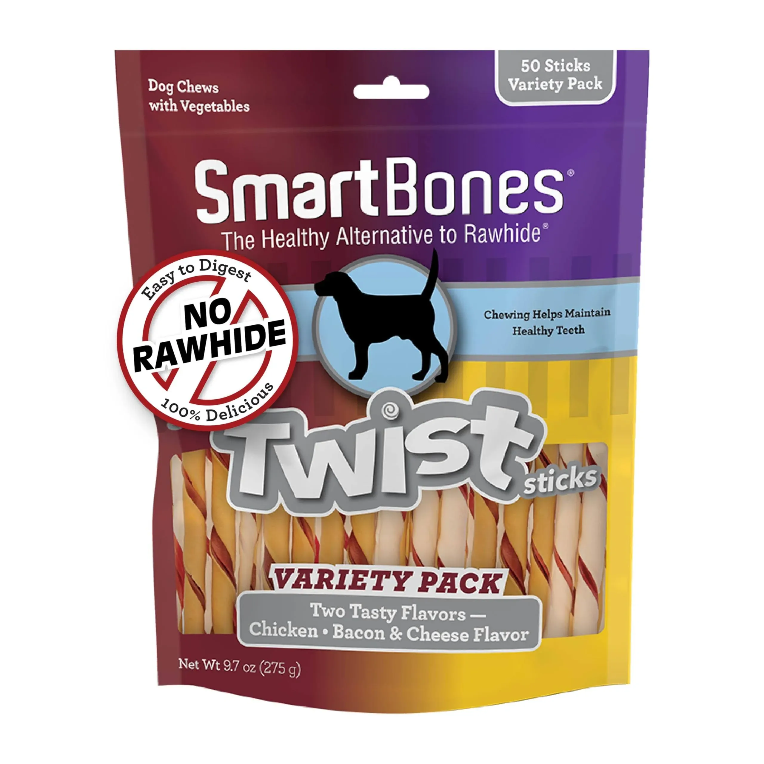 SmartBones Twist Sticks Variety Pack 50 Count, Rawhide-Free Chews For Dogs Made With Real Chicken Or Bacon And Cheese Flavor (SBM-00464)