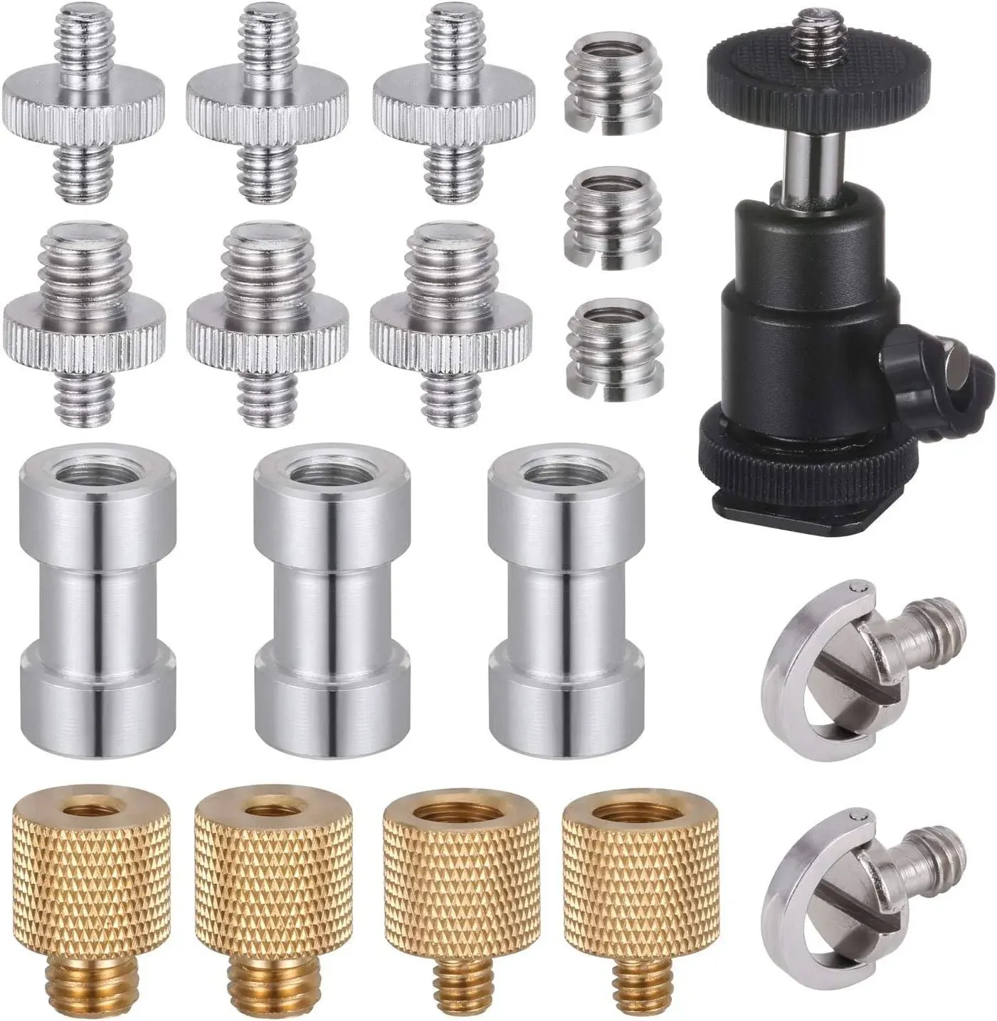 Camera Screw Adapter, KWOKWEI 19pcs 1/4 Inch and 3/8 Inch Converter Female Male Threaded Screws Adapter Mount Set, Metal Thread Adapter Converter 360°Camera Ball Head for Camera, Monopod, Ball Head