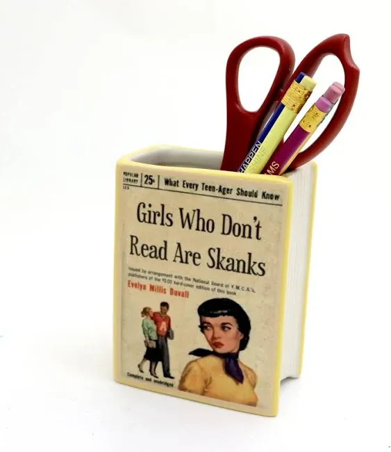 Book vase, Girls who Don't Read are Skanks, vintage pulp novel, pencil holder, planter, gift for reader,