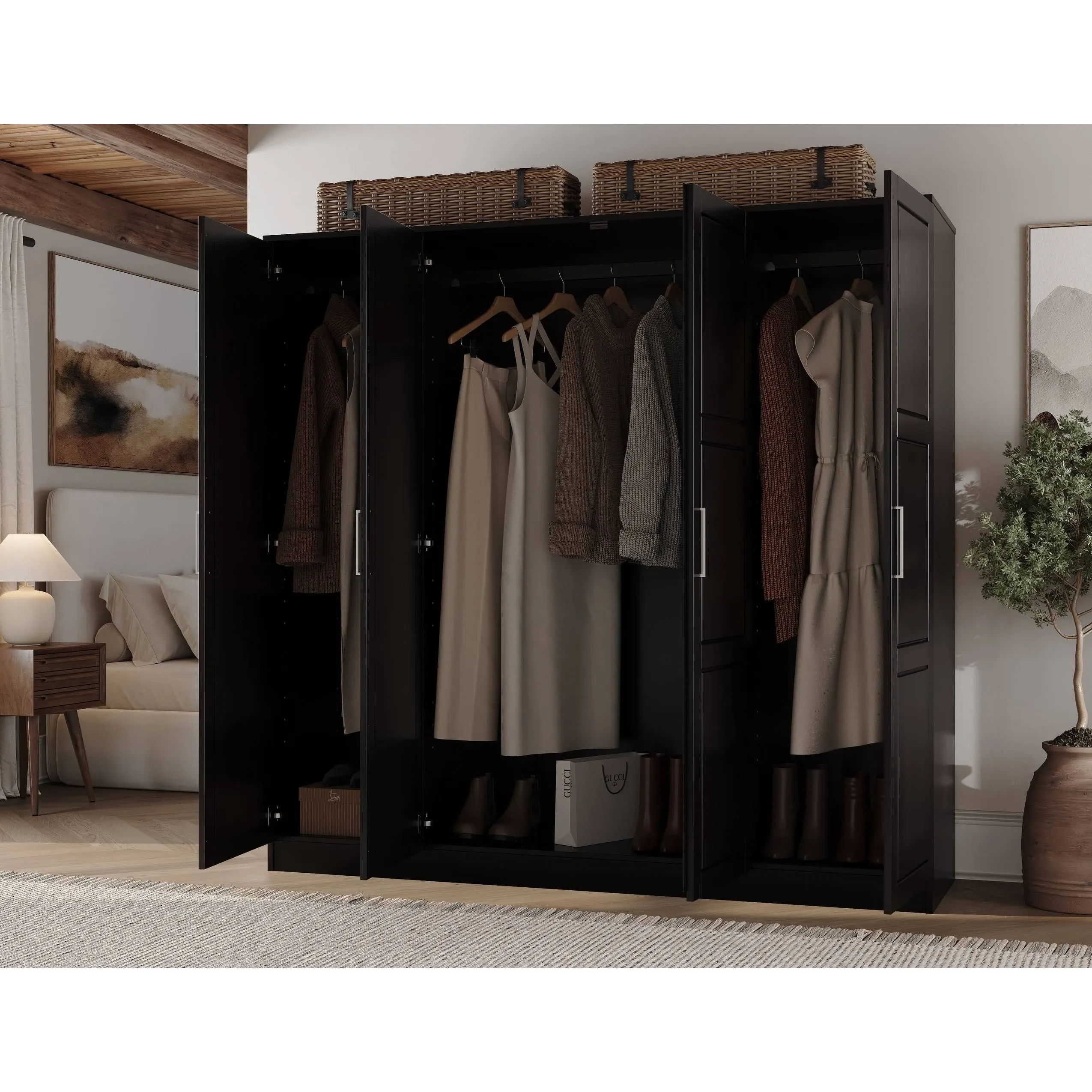 100% Solid Wood Cosmo 4-Door Wardrobe with Solid Wood or Mirrored Doors by Palace Imports