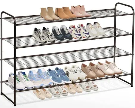 AOODA 4 Tier Long Metal Shoe Rack for Closet Wide Stackable Shoe Organizer for Entryway, Bedroom, Floor, Holds 30 Pairs Men Sneakers Large Shoe Storage Shelf with Wire Grid, Black