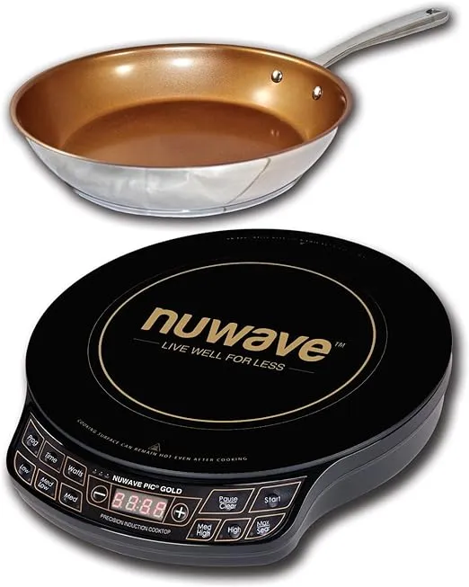 Nuwave Gold Precision Induction Cooktop, Portable, Powerful with Large 8” Heating Coil,100°F to 575°F, 3 Wattage Settings, 12” Heat-Resistant Cooking Surface, Premium10.5” Non-Stick Fry Pan Included