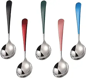 Soup Spoons Stainless Steel, 18/10 Round Head Soup Spoons, Modern Thick Short handle 304 Stainless Steel Korean Spoon, Dinner Metal Spoons for Soup, Grain,Dessert,Milk,Tea,Coffee, 6.3 Inch, Set of 5