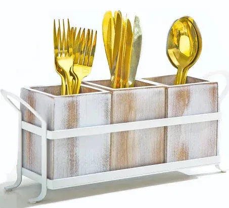 Silverware Caddy Utensil Organizer for Countertop, Flatware Caddy with Metal Rack, Wooden Utensil Cutlery Holder with 3 Compartment for Kitchen Decor and Party -White