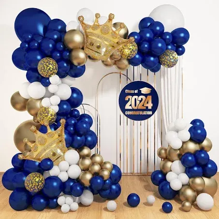 145Pcs Royal Blue and Gold Balloons, Graduation Decorations Class of 2024 Navy Blue Balloon Garland Kit Gold White Confetti Foil Crown for College Baby Shower Birthday Gender Reveal Wedding Party