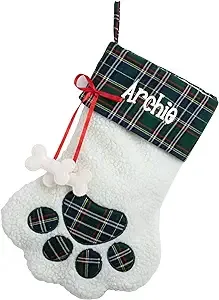 Personalized Planet Dog Paw Christmas Stocking with Custom Pet Name Embroidered, White Faux Sherpa with Red Plaid Cuff and Dog Bone Accents, Festive Christmas Décor, Ready to Hang