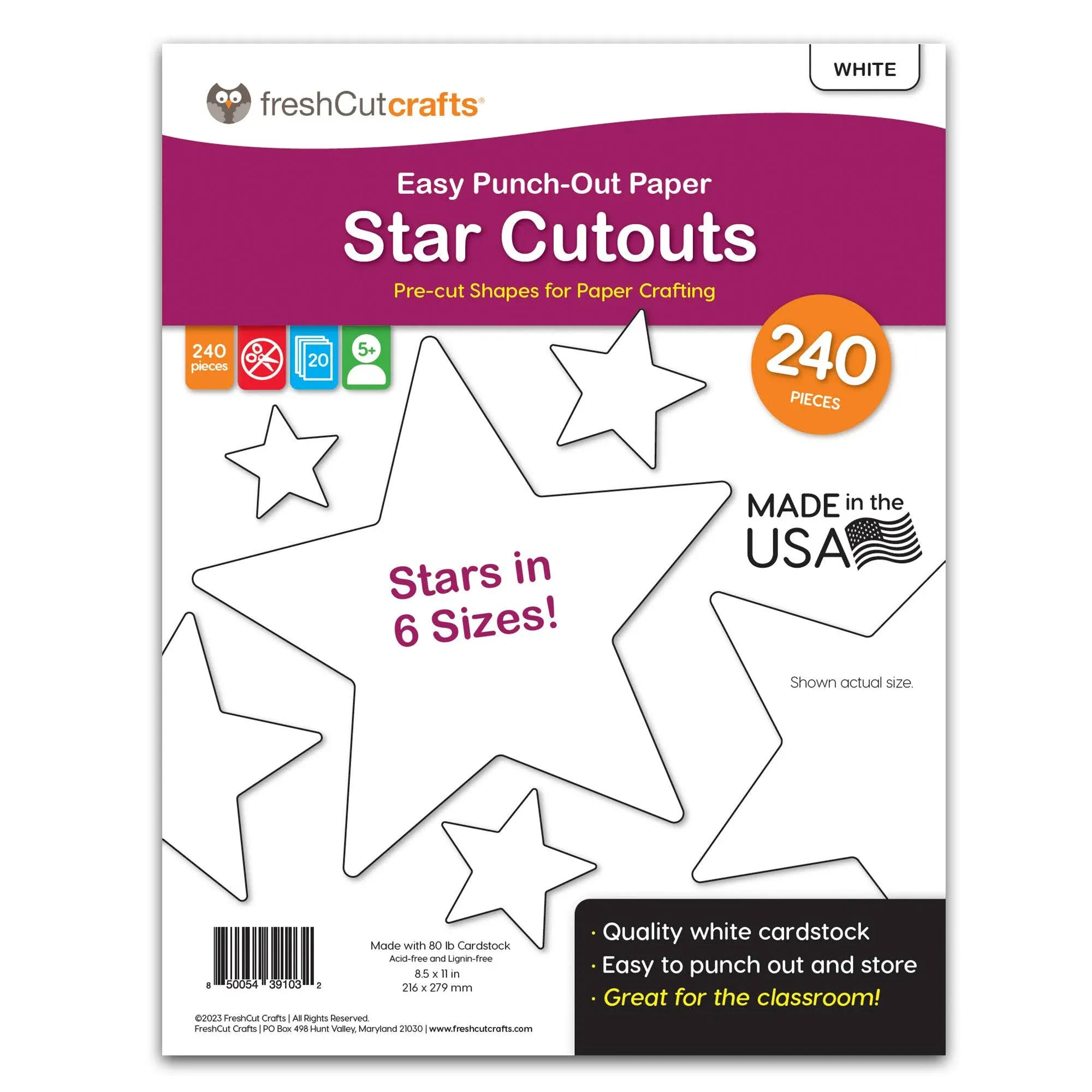 240 Pieces Star Cutouts, 2-Sided US Made Card Stock Punch Out White Stars for Bulletin Boards, Classroom Decor, Back to School DIY Craft Projects, Party Decoration, Hollywood Themed Events