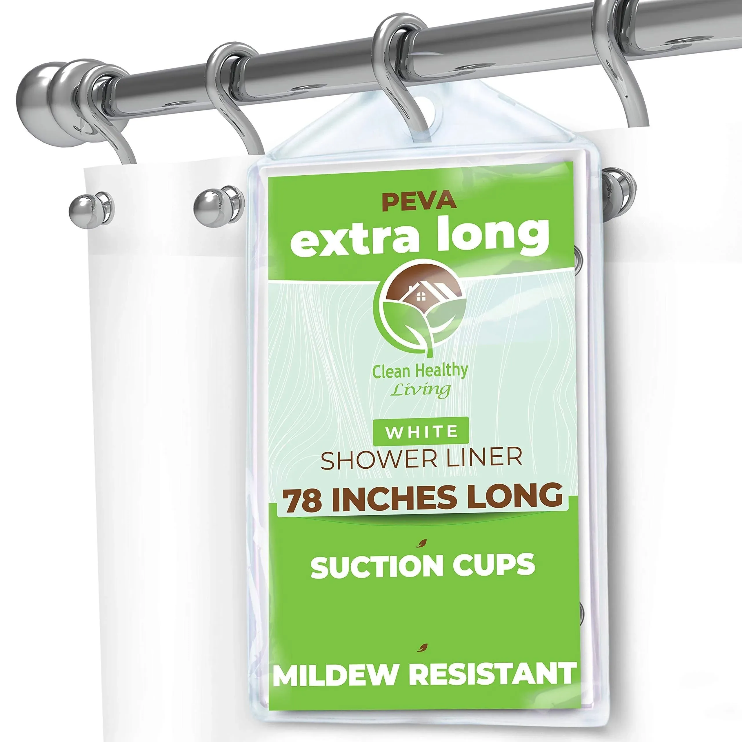 Clean Healthy Living XL Heavy Duty Peva White Shower Curtain Liner with Suction Cups - 70 x 78 in. Long