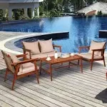 Costway 4 Piece Patio Rattan Furniture Set Acacia Wood Frame Cushioned Sofa Chair Garden Coffee