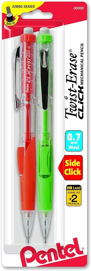 Pentel® Twist-Erase® CLICK Mechanical Pencils, Fine Point, 0.5mm, HB Hardness, Assorted Barrels, Pack Of 2