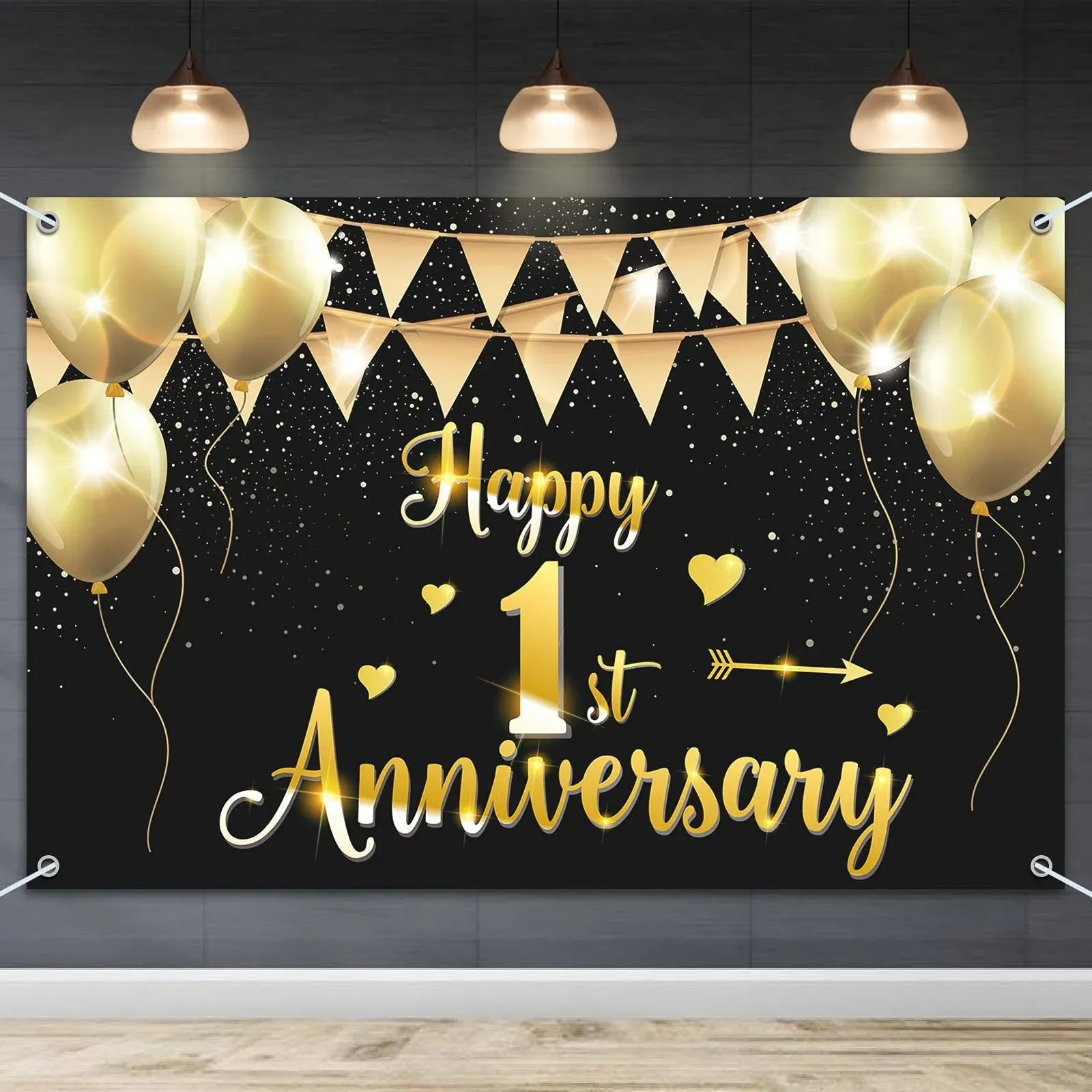 HAMIGAR 6x4ft Happy 1st Anniversary Banner Backdrop - 1 Wedding Anniversary Decorations Party Supplies - Black Gold