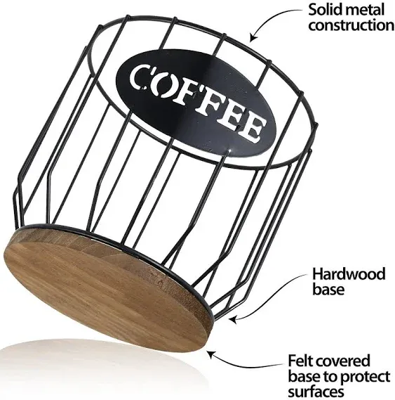 Txkrhwa K Cup Holder Coffee Pod Holder Large Capacity Black Wire Coffee Pod Storage Organizer with Wooden Base Coffee Bar Accessories for Counter