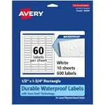 Avery Durable Waterproof Rectangle Labels with Sure Feed, .5" x 1.75", 6,000 Oil and Tear-Resistant Waterproof Labels, Print-to-The-Edge, Laser/Pigment-Based Inkjet Printable Labels