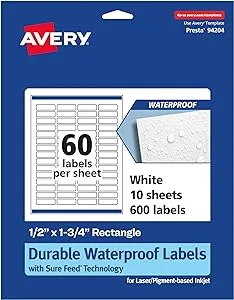 Avery Durable Waterproof Rectangle Labels with Sure Feed, .5" x 1.75", 600 Oil and Tear-Resistant Waterproof Labels, Print-to-The-Edge, Laser/Pigment-Based Inkjet Printable Labels