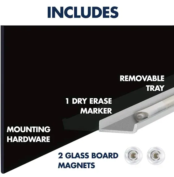 Quartet Magnetic Whiteboard, Glass White Board, 50"W x 28"H, Black Dry Erase Surface, Frameless, InvisaMount (G5028IMB)