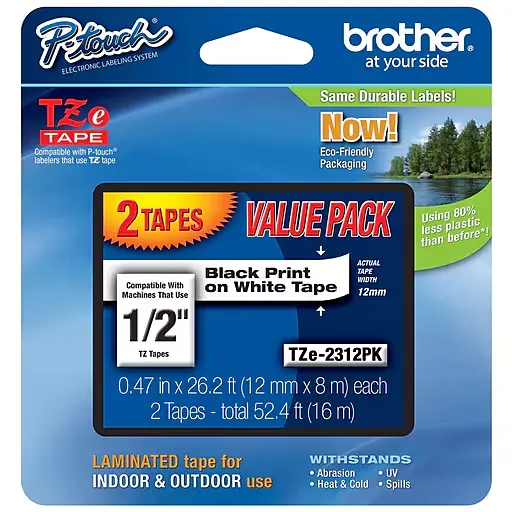 Brother Genuine P-Touch, TZe-231 2 Pack Tape (TZE2312PK) ½”(0.47”) x 26.2 ft. (8m) 2-Pack Laminated P-Touch Tape, Black on White