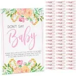 Floral Baby Shower Clothespin Game for Girl, Don't Say Baby Theme with 60 Pink Clothes Pins and 8x10-inch Sign