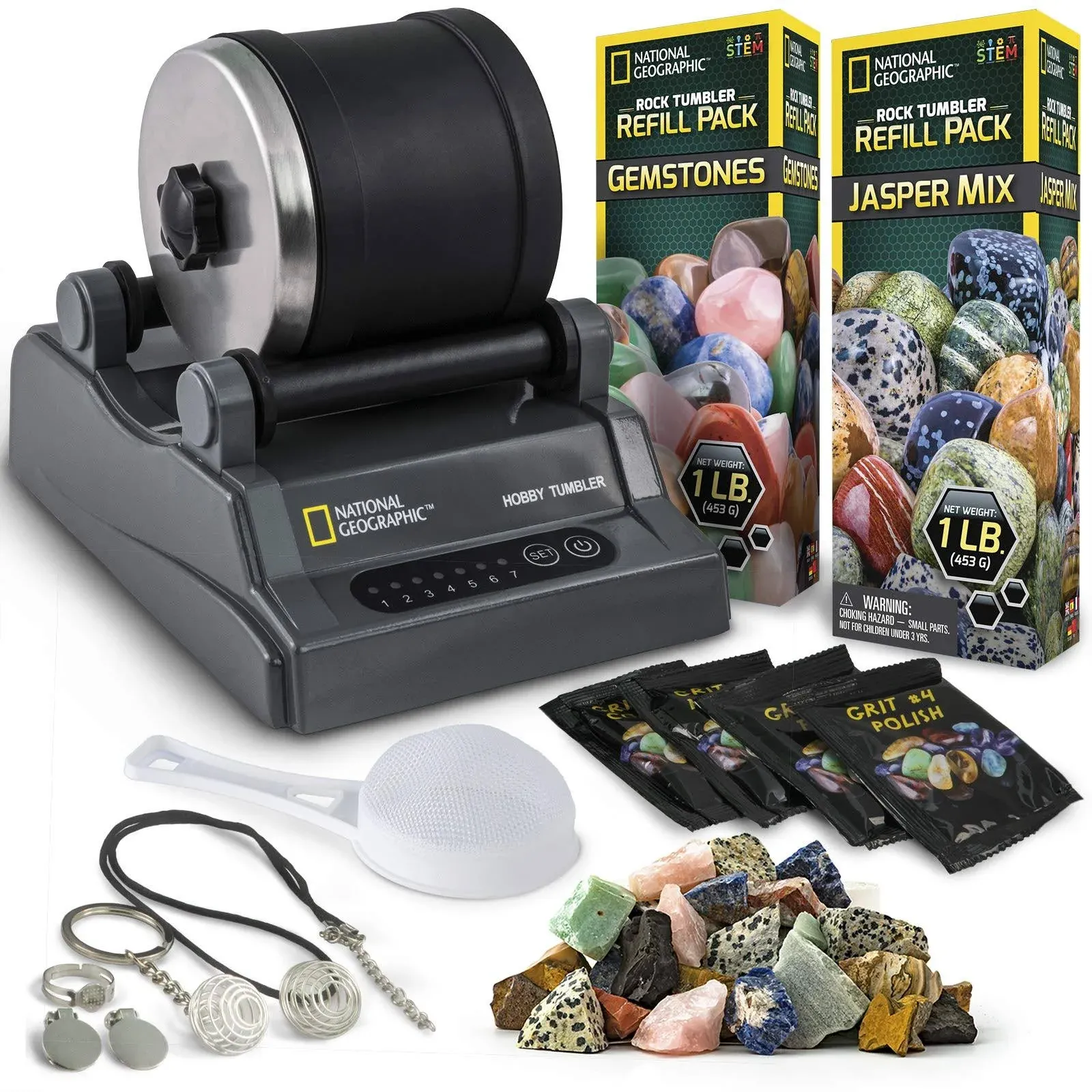 NATIONAL GEOGRAPHIC Rock Tumbler Kit – Hobby Edition + Gemstone &amp; Jasper Refill