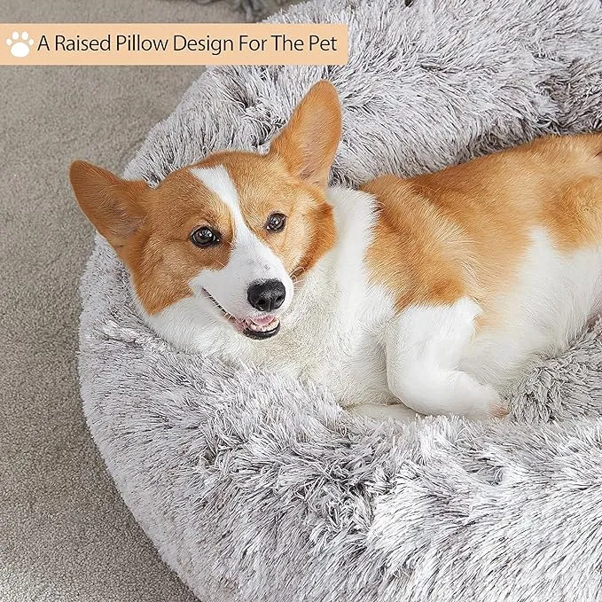 WNPETHOME Calming Dog Bed Cat Bed,Small Dog Bed Donut Design Faux Fur Anti-Anxiety Dog Bed,Fluffy Pet Cushion Dog Bed for Small