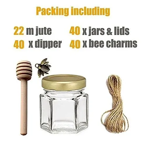 Adabocute 40-Count 1.5 oz Mini Hexagonal Glass Honey Jars Small Honey Jars with Wooden Dippers, Bee Charms and Jutes