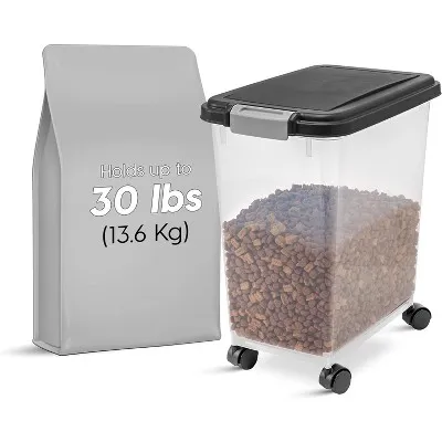 IRIS USA Dog Food Storage Container, 2 Pack, Up to 30 lbs Each, Airtight Seal for Freshness, Wheels for Rolling, Easy One Hand Opening, Made in USA, BPA Free, Clear/Black