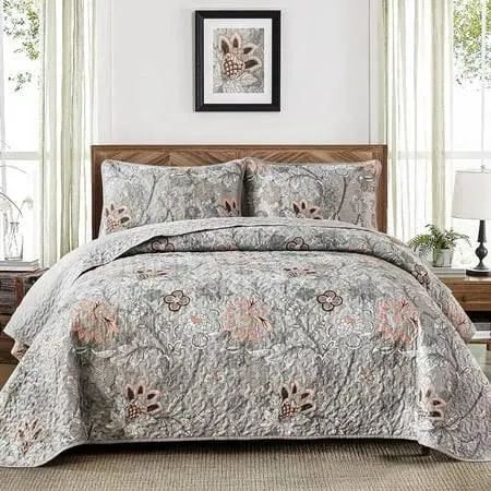 WONGS BEDDING Floral Quilt Set Queen Size, Grey Botanical Queen Bedspread Bedding Sets Soft Lightweight Microfiber Flower Gray Coverlet Set 3 Pieces for All Season (96"x90")