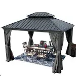 Kozyard Alexander Hardtop Aluminum Gazebo with Mosquito Net and Privacy Curtain Grey 10' x 12'