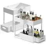 Storagebud 2 Tier Under Kitchen Sink Organizer with Sliding Drawer-Bathroom Cabinet Organizer with Utility Hooks and Side Caddy - 2 Pack - White