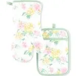 Amber Floral Oven Mitt Pot Holder Oven Mitt 7" X 13", Pot Holder 7" X 10" 2 Pk In Petal Pink