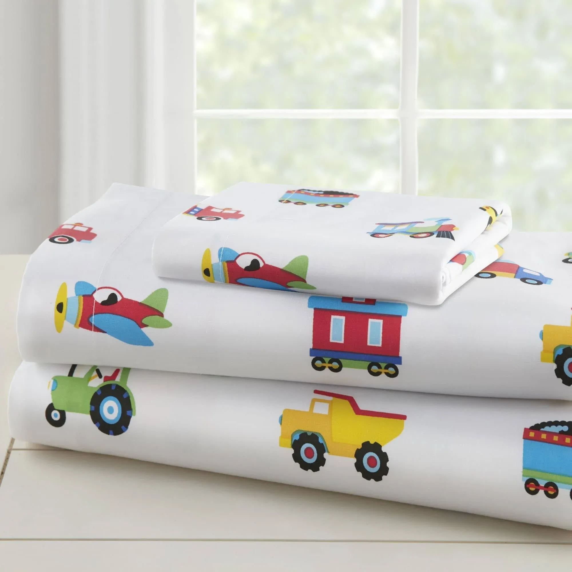 Wildkin Kids Microfiber Twin Sheet Set for Boys and Girls, Bedding Sheet Set Includes Top Sheet, Fitted Sheet, and One Standard Pillow Case (Trains, Planes and Trucks)