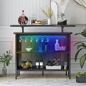 Mjkone Wine Bar Cabinet with LED Lights by Remote Control, Coffee Bar Cabinet for Liquor and Glasses, Home Bar Unit with Wine Rack, Mini Bars with Storage (Black)