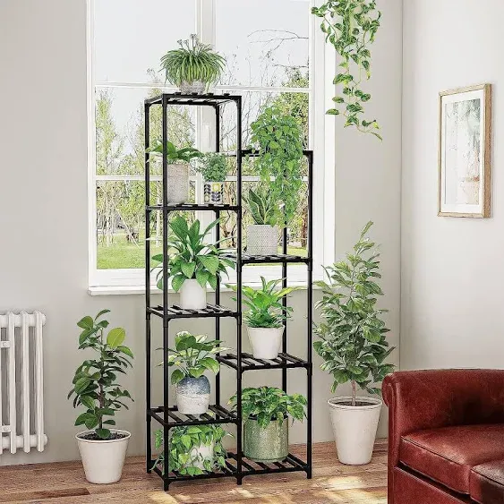 Bamworld Tall Plant Stand for Indoor Plants Outdoor Corner Plant Shelf Flower Stands for Living Room Balcony and Garden (9 Pots)