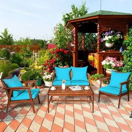 Costway 4-Pieces Wicker Patio Conversation Set Acacia Wood Frame with Turquoise Cushions, Bronze