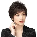 EMMOR Short Dark Brown Blend Human Hair Wigs for Women and Lady - Natural Hair Pixie Cut Wig With Bang, Daily Use (Color 6#)